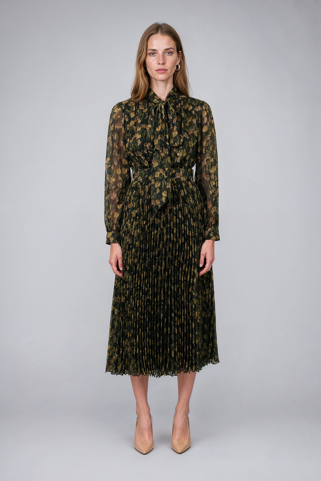 Mikael Aghal Olive Green Floral Pleated Tie-Neck Midi Dress