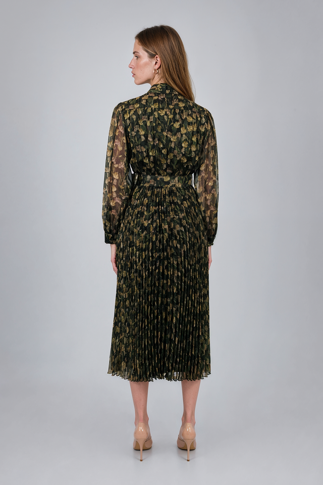 Mikael Aghal Olive Green Floral Pleated Tie-Neck Midi Dress