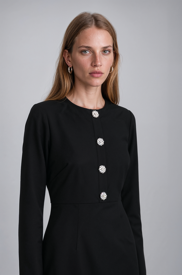Mikael Aghal Black Crystal-Button Long-Sleeve Midi Dress