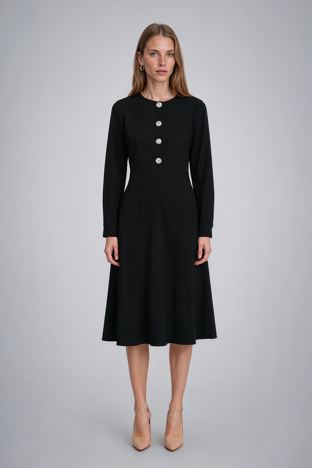 Mikael Aghal Black Crystal-Button Long-Sleeve Midi Dress