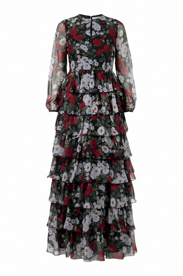 Mikael Aghal Black Floral Tiered Ruffle Gown – Long Sleeve Maxi
