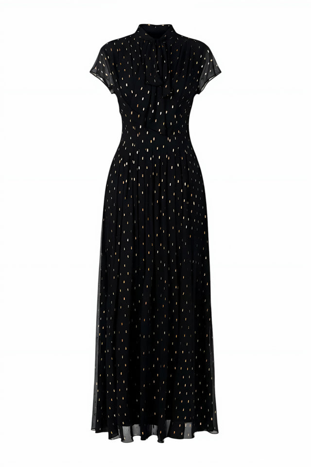 Mikael Aghal Black Metallic Dot Maxi Gown – Short Sleeve Tie Neck