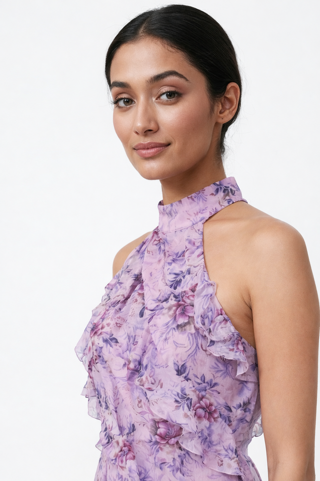 Mikael Aghal Lavender Floral Halter Ruffle Gown
