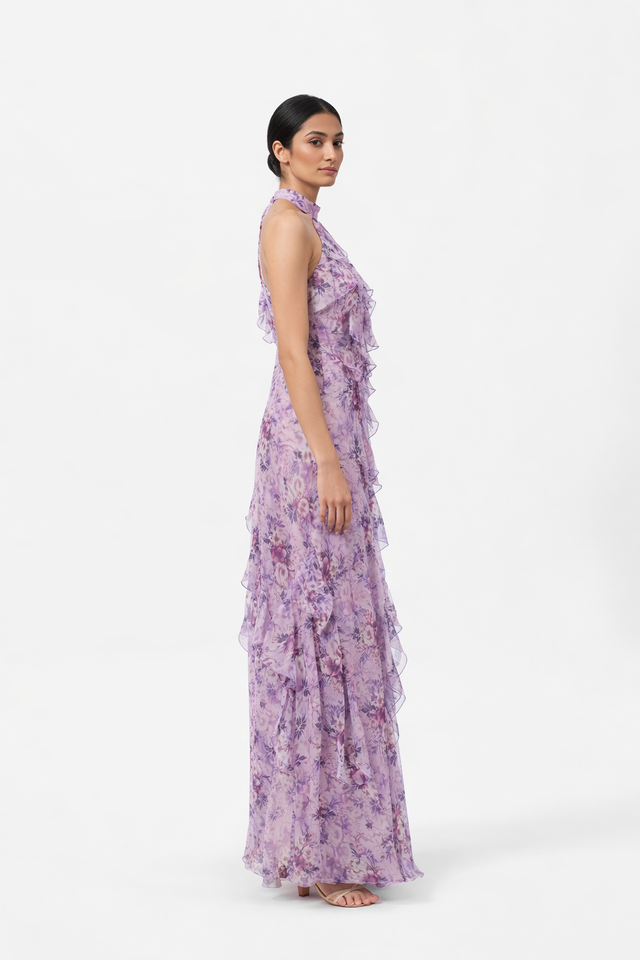 Mikael Aghal Lavender Floral Halter Ruffle Gown