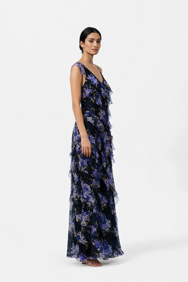 Mikael Aghal Midnight Floral Ruffle Gown