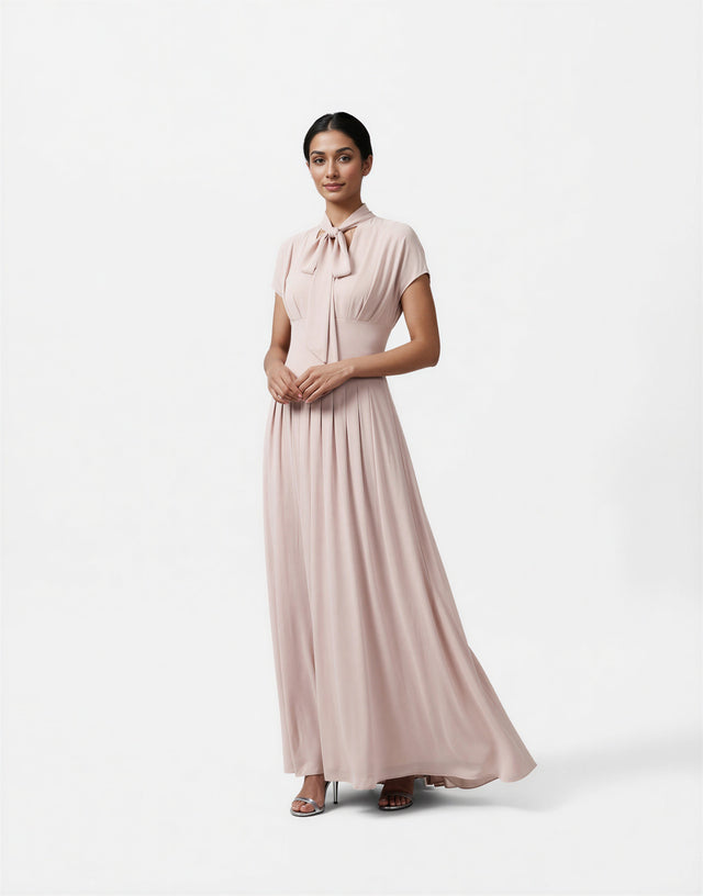 Mikael Aghal Blush Pleated Tie-Neck Gown