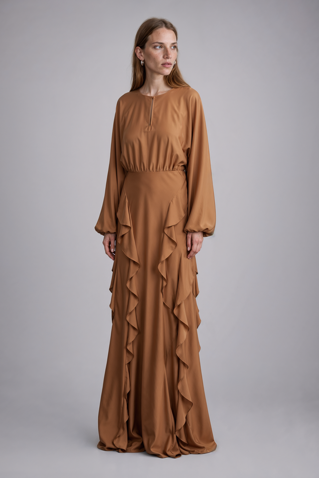 Mikael Aghal Ruffled Satin Long-Sleeve Gown
