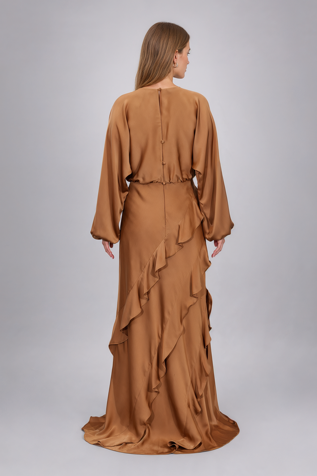 Mikael Aghal Ruffled Satin Long-Sleeve Gown