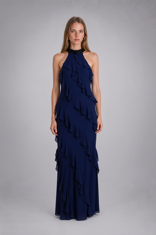 Mikael Aghal Beaded Halter Neck Cascading Ruffle