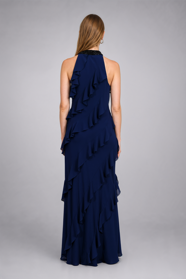Mikael Aghal Beaded Halter Neck Cascading Ruffle