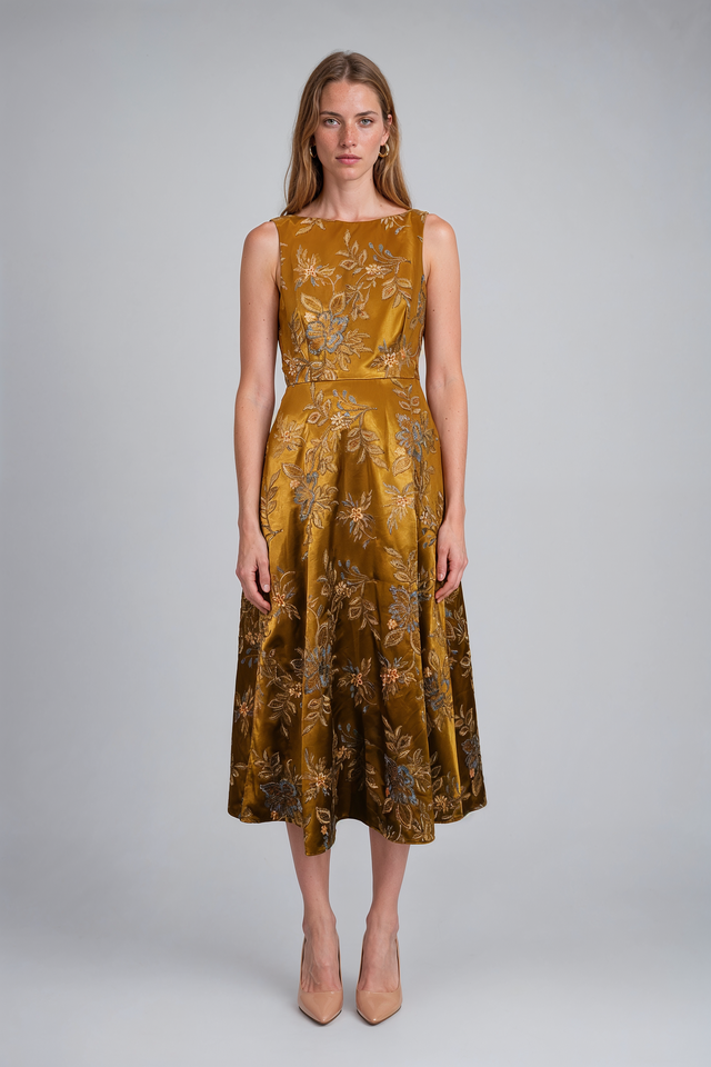 Mikael Aghal Gold Floral Jacquard Sleeveless Midi Dress
