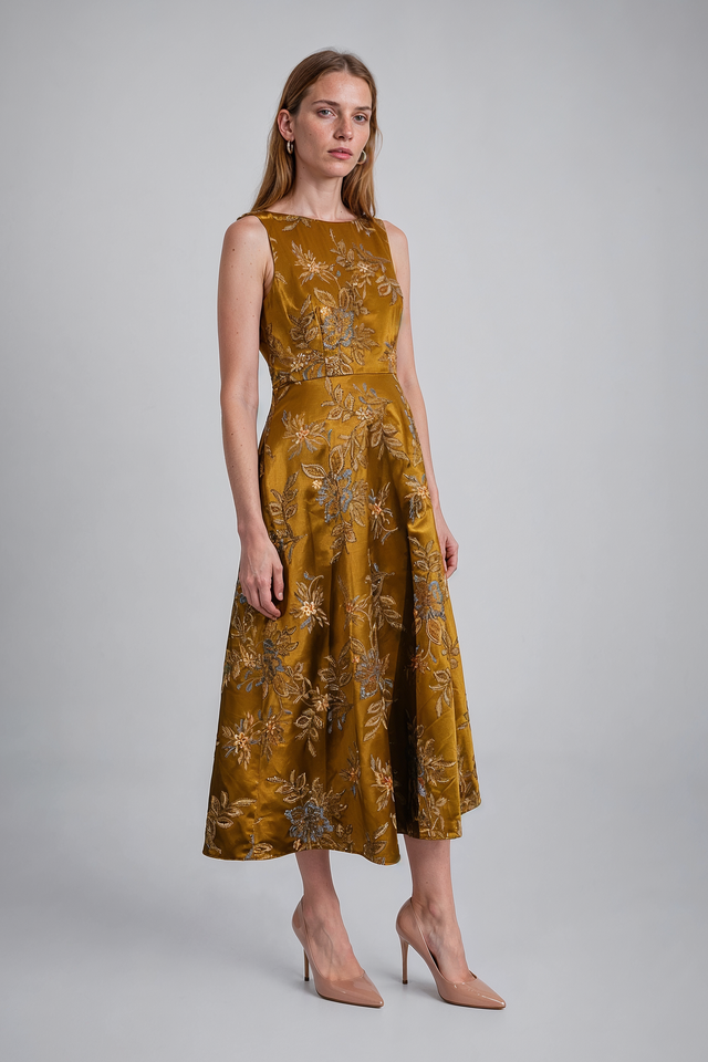 Mikael Aghal Gold Floral Jacquard Sleeveless Midi Dress