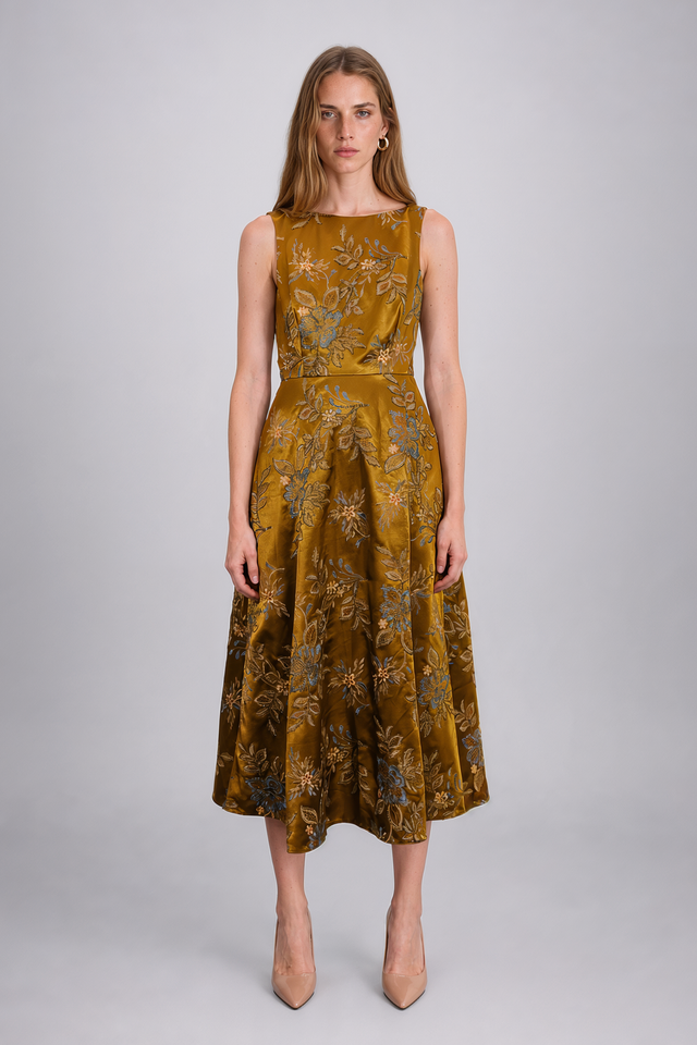 Mikael Aghal Floral Jacquard Sleeveless Fit & Flare Midi