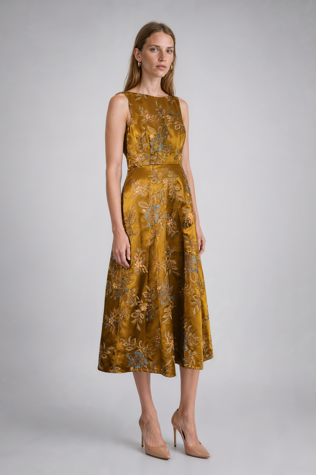 Mikael Aghal Floral Jacquard Sleeveless Fit & Flare Midi