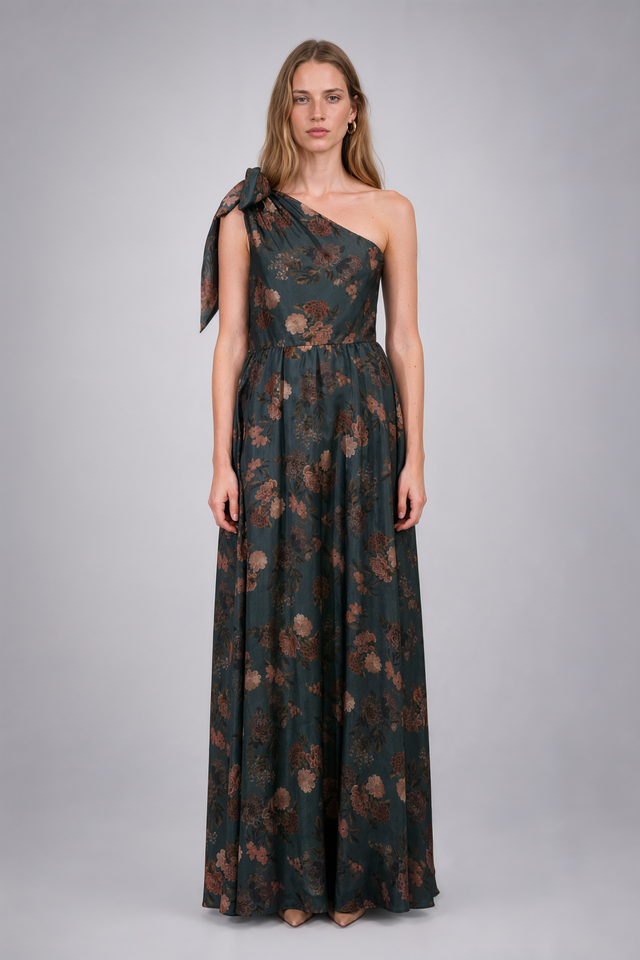 Mikael Aghal Metallic Floral Jacquard One-Shoulder Maxi