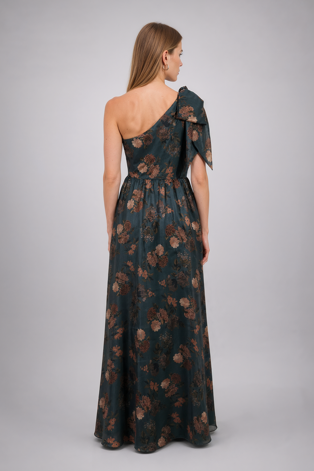 Mikael Aghal Metallic Floral Jacquard One-Shoulder Maxi