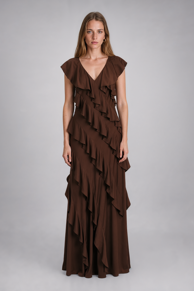 Mikael Aghal V-Neck Cascading Ruffle Satin Gown