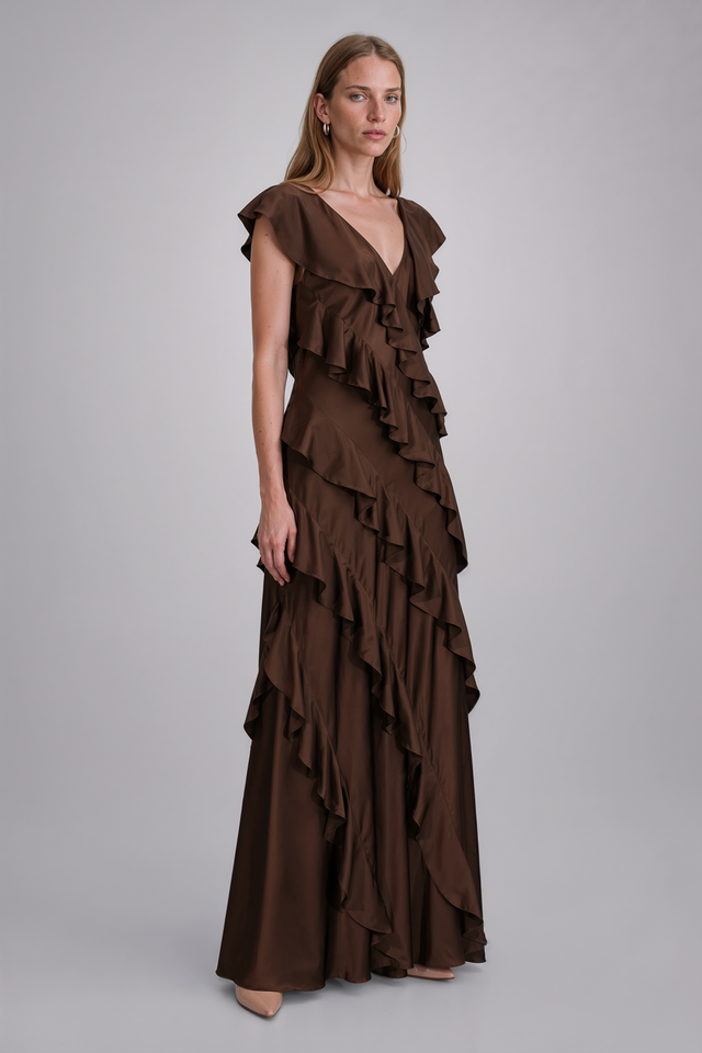 Mikael Aghal V-Neck Cascading Ruffle Satin Gown