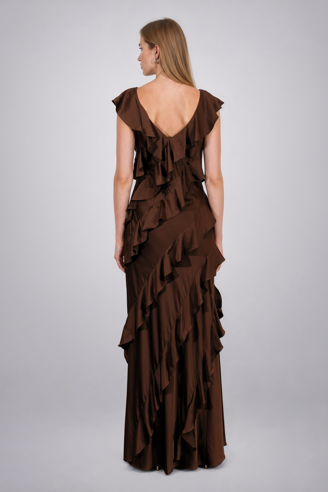 Mikael Aghal V-Neck Cascading Ruffle Satin Gown