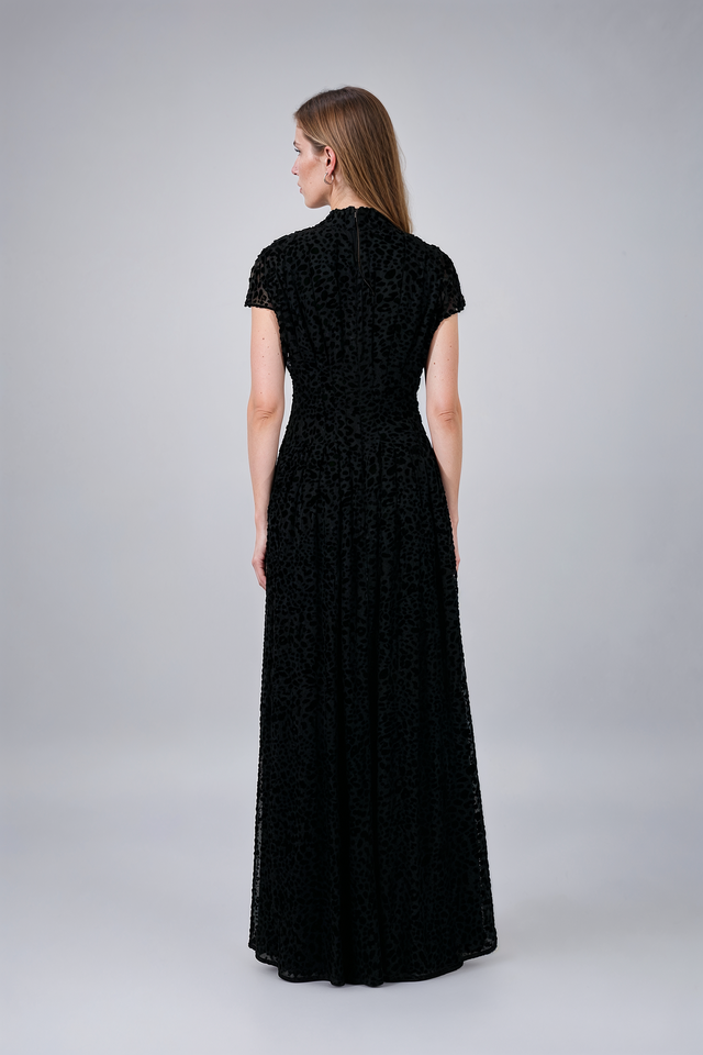 Mikael Aghal Black Burnout Velvet High-Neck Gown