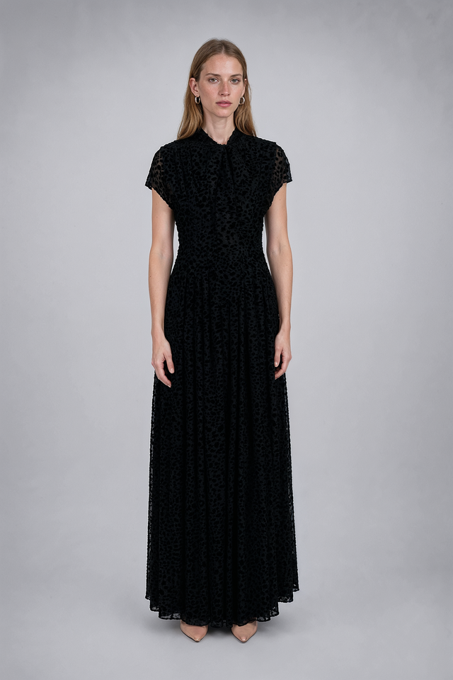 Mikael Aghal Black Burnout Velvet High-Neck Gown