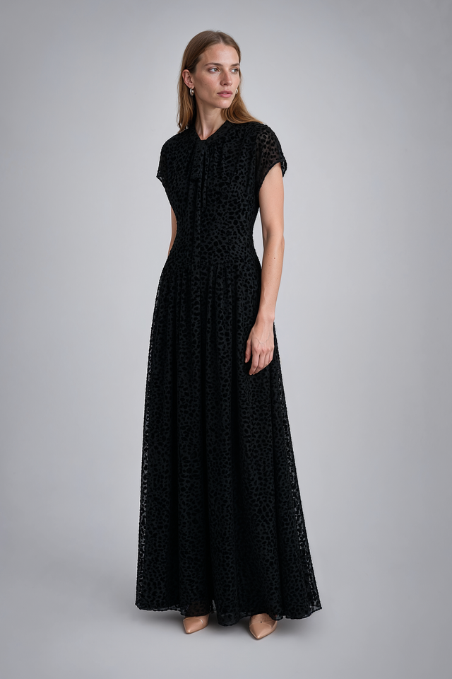 Mikael Aghal Black Burnout Velvet High-Neck Gown
