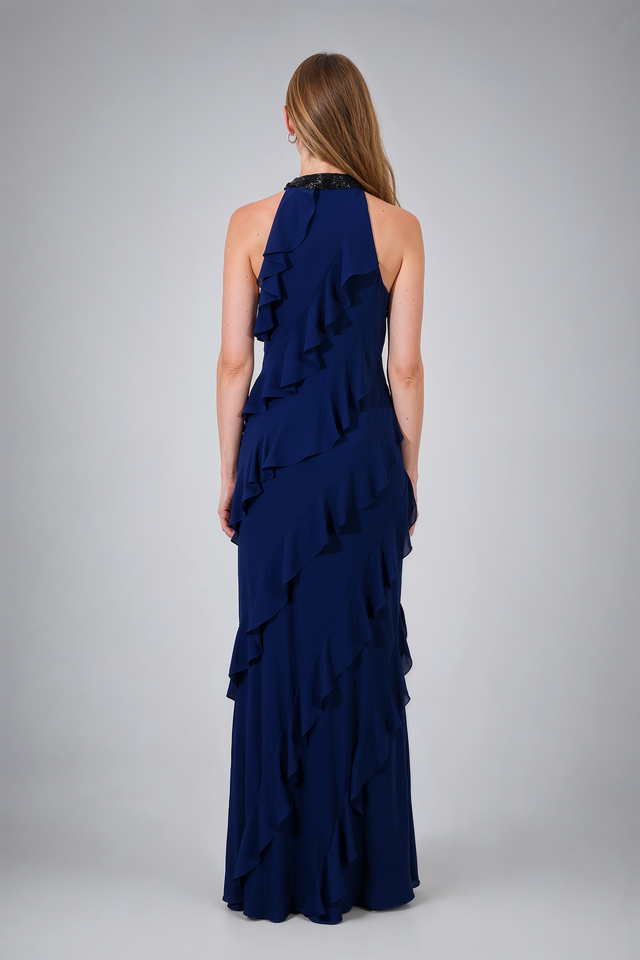 Mikael Aghal Navy Embellished Halter Ruffled Gown