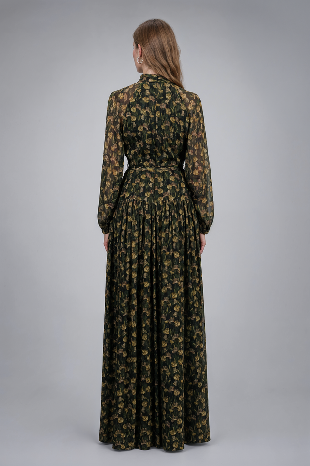 Mikael Aghal Olive Green Floral High-Neck Belted Gown
