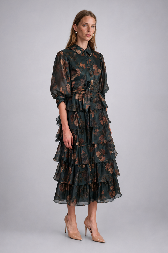 Mikael Aghal Floral Print Tiered Shirt Dress