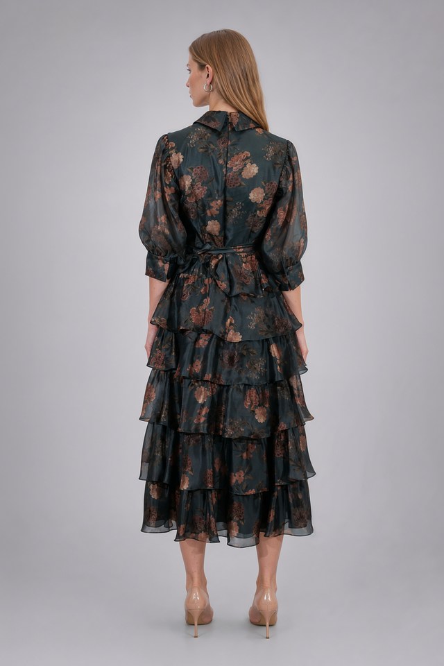 Mikael Aghal Floral Print Tiered Shirt Dress