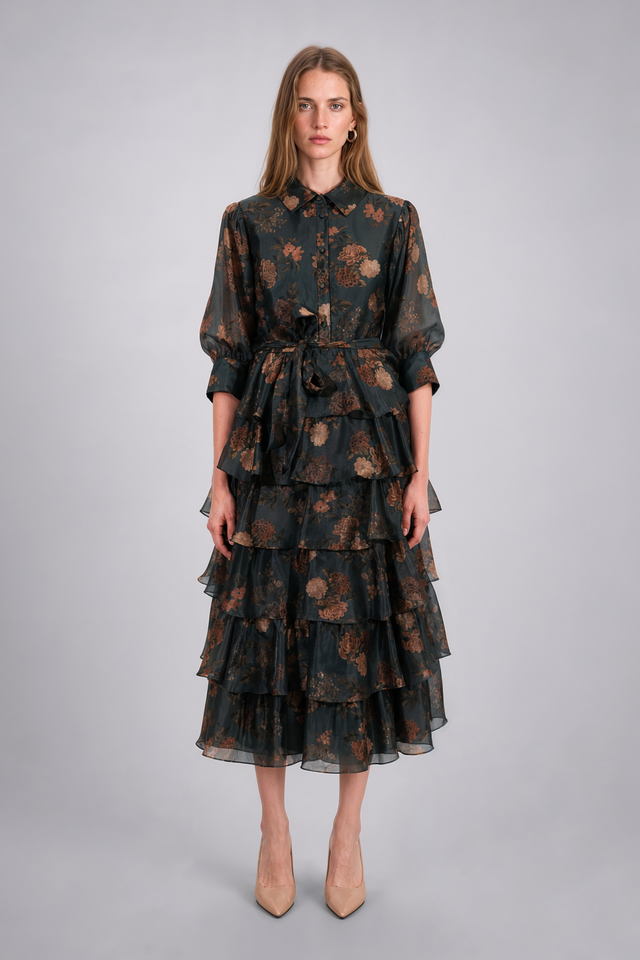 Mikael Aghal Floral Print Tiered Shirt Dress