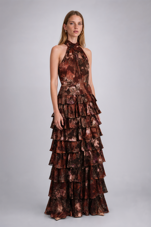 Mikael Aghal Tiered Metallic Jacquard High-Neck Maxi