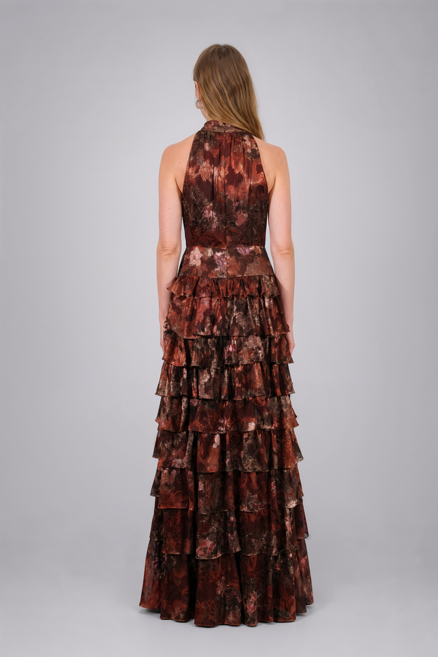Mikael Aghal Tiered Metallic Jacquard High-Neck Maxi