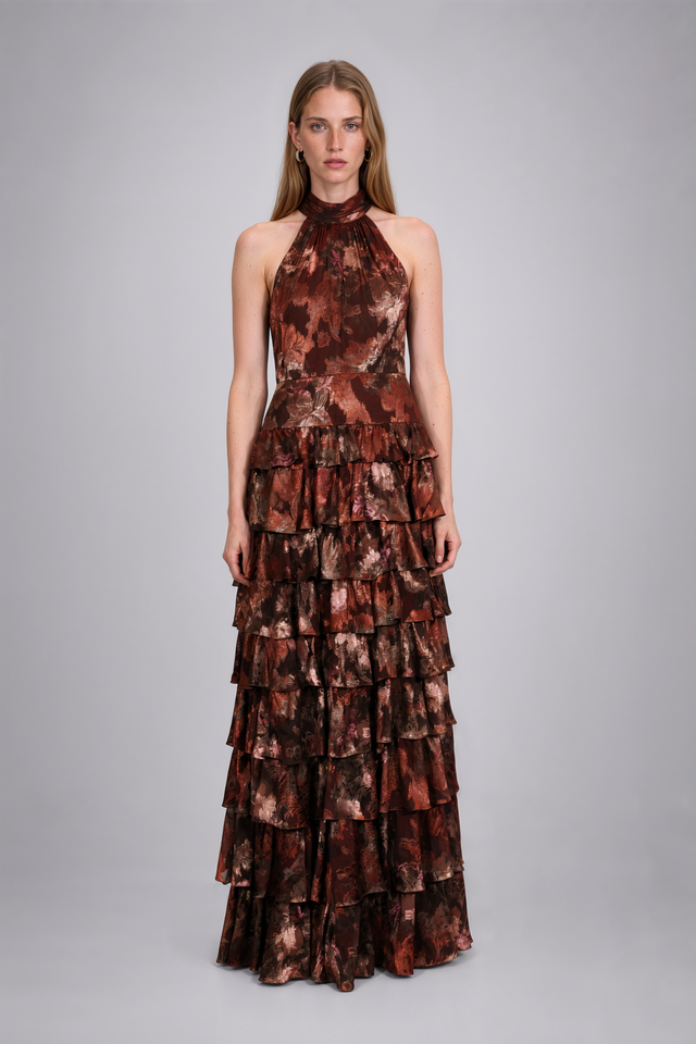 Mikael Aghal Tiered Metallic Jacquard High-Neck Maxi