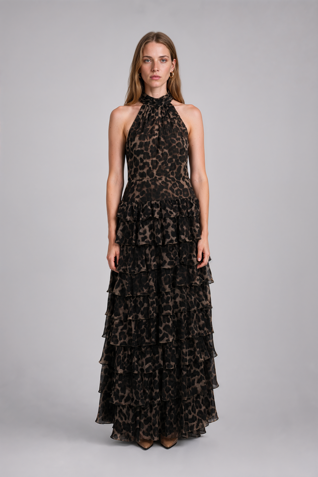 Mikael Aghal Leopard Print High-Neck Tiered Gown