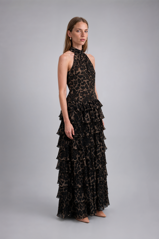 Mikael Aghal Leopard Print High-Neck Tiered Gown