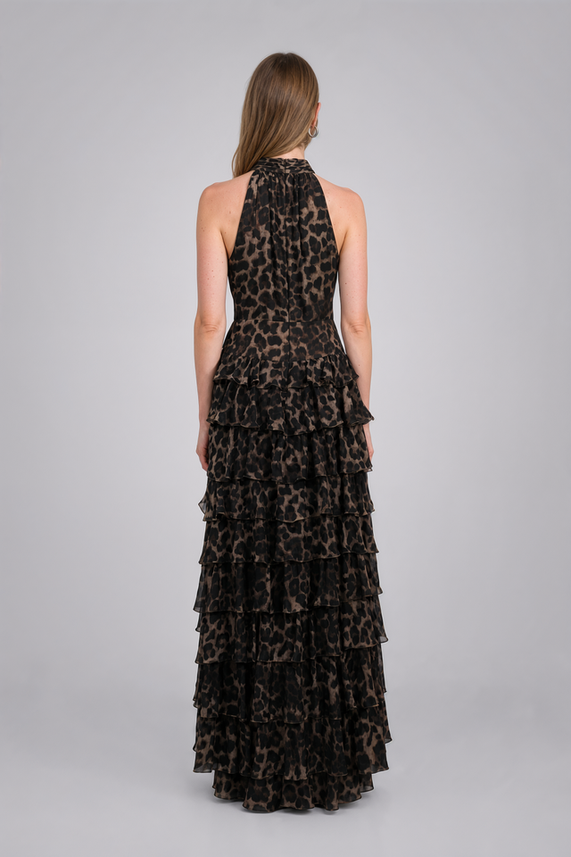 Mikael Aghal Leopard Print High-Neck Tiered Gown