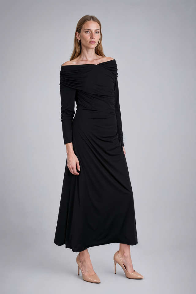 Mikael Aghal Black Off-The-Shoulder Draped Long-Sleeve Dress