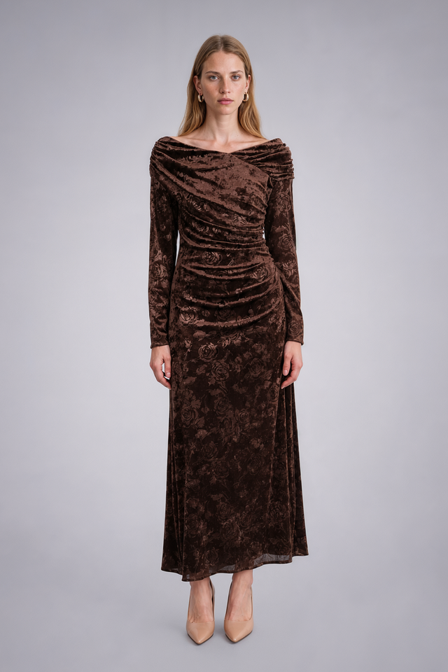 Mikael Aghal Draped Neckline Burnout Velvet Long-Sleeve