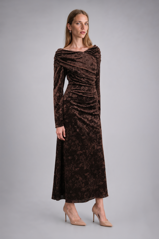 Mikael Aghal Draped Neckline Burnout Velvet Long-Sleeve