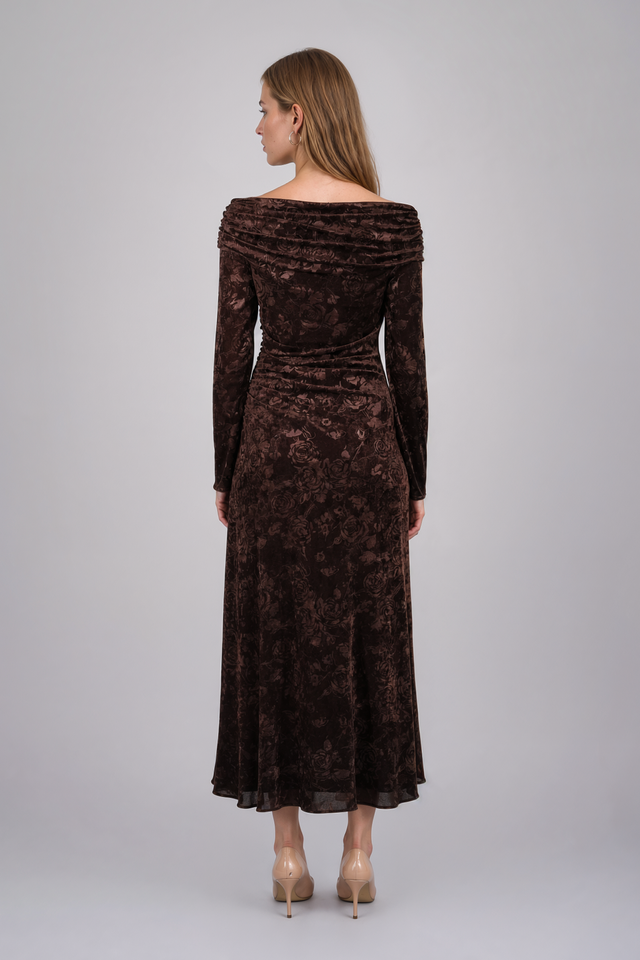 Mikael Aghal Draped Neckline Burnout Velvet Long-Sleeve