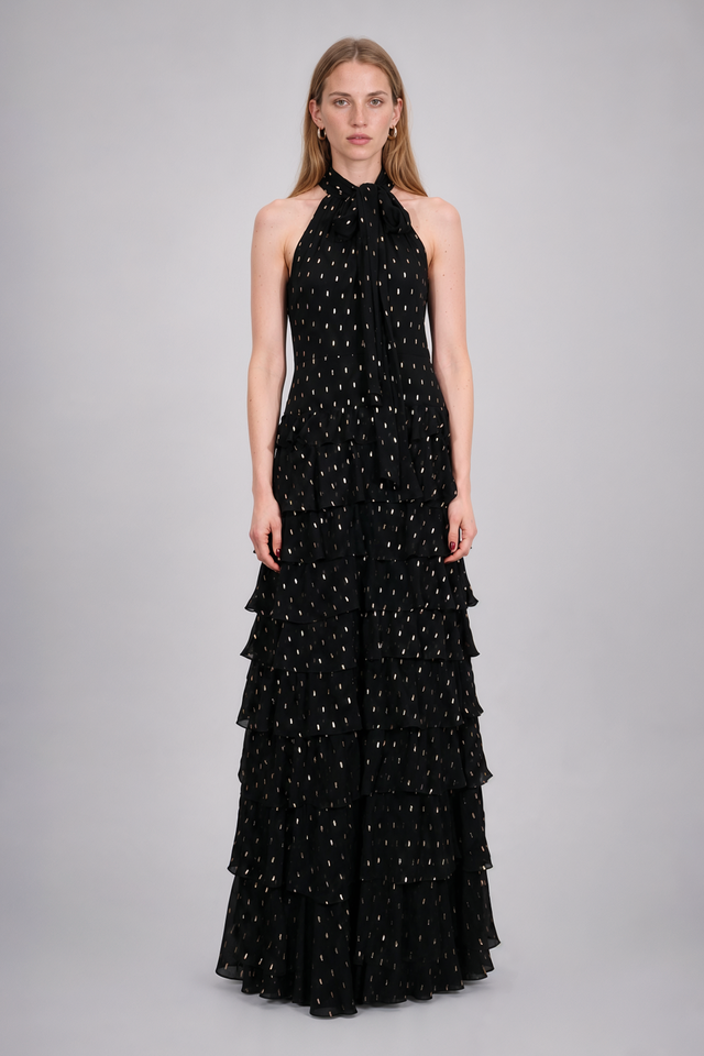 Mikael Aghal Metallic Clip-Dot High-Neck Tiered Gown