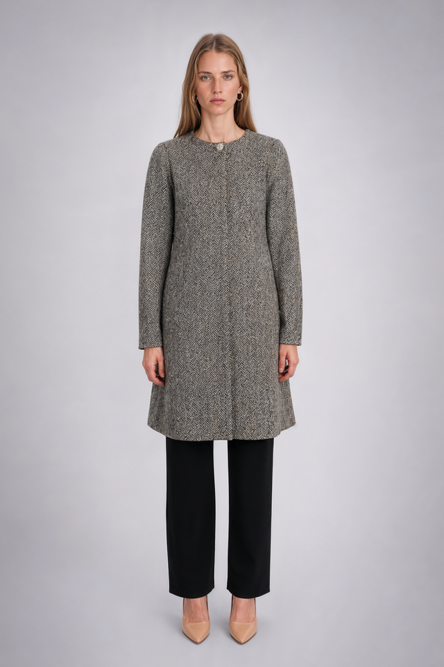 Mikael Aghal Herringbone Tweed Collarless Topper Coat