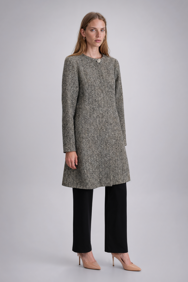 Mikael Aghal Herringbone Tweed Collarless Topper Coat