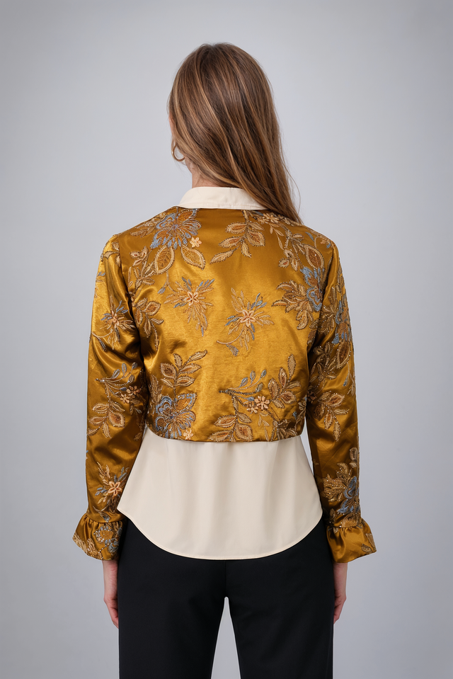 Mikael Aghal Gold Floral Embroidered Cropped Jacket