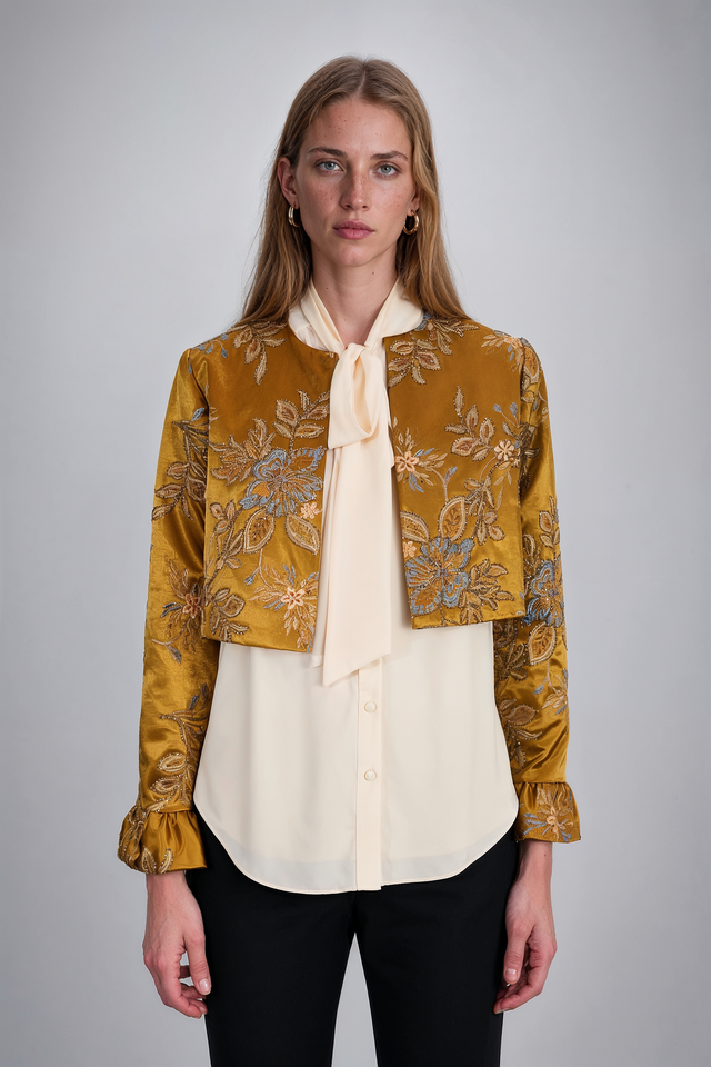 Mikael Aghal Gold Floral Embroidered Cropped Jacket