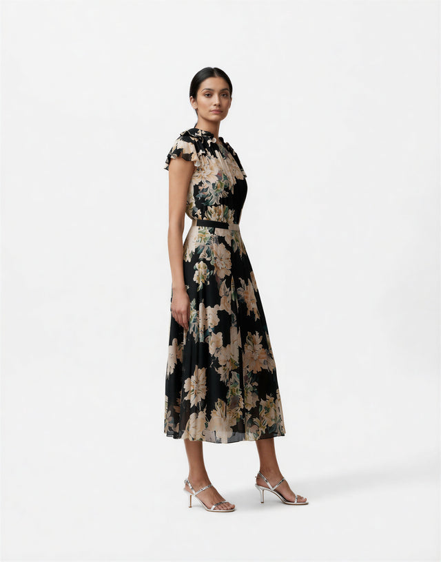 Mikael Aghal Black Floral Midi Skirt