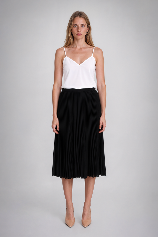 Mikael Aghal Black Pleated Chiffon Midi Skirt
