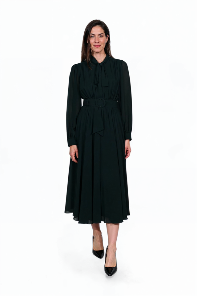 Mikael Aghal Belted Midi Dress – Long Sleeve Tie Neck