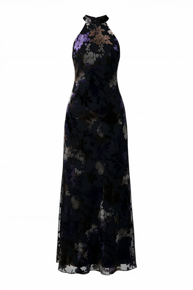 Mikael Aghal Black Floral Halter Gown – Sleeveless Maxi Evening Dress